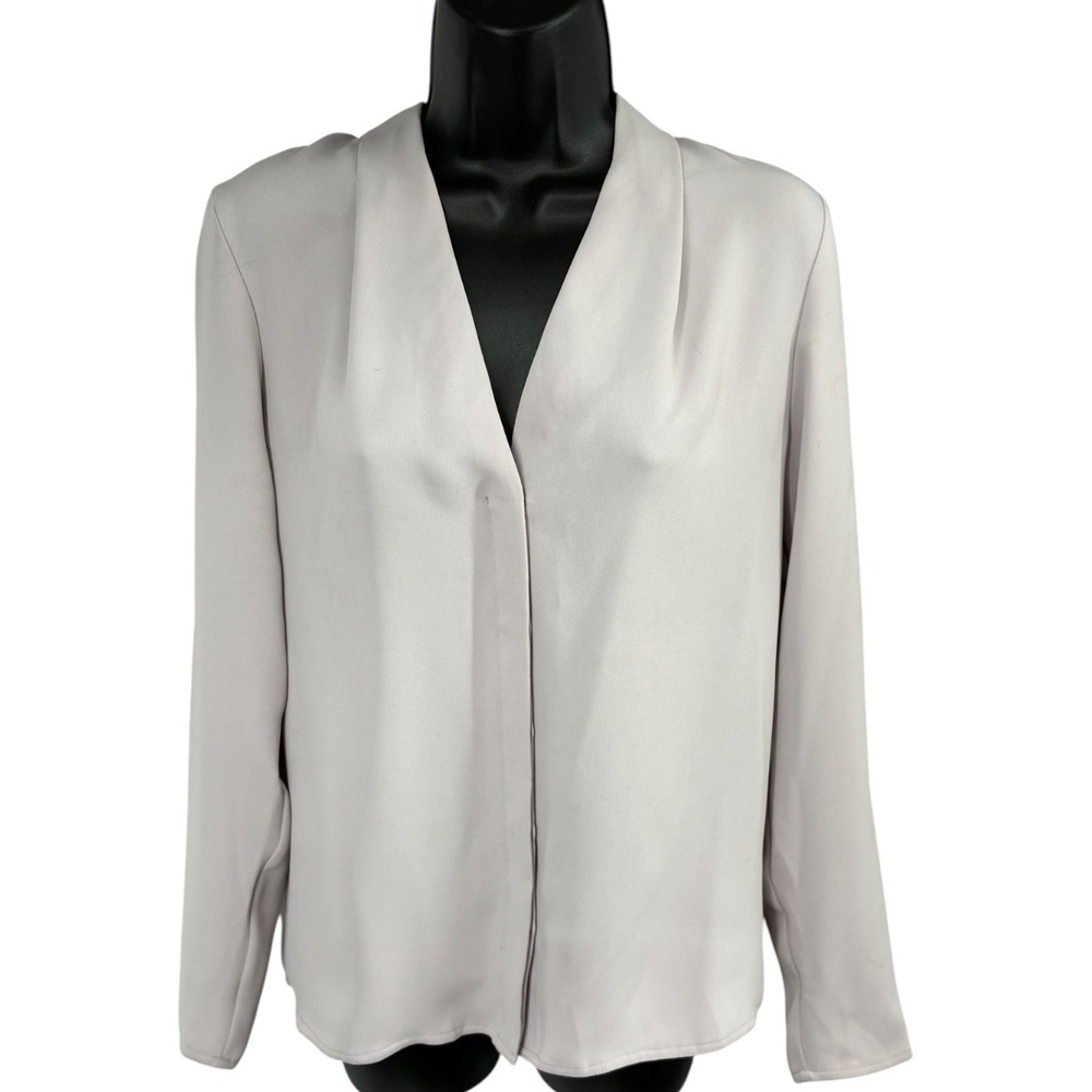 Aritzia Babaton Taupe Draped Collar Silk Look Blouse Hook Eye Closure Work Top S